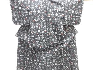 大正ロマン　抽象草花模様織出し銘仙単衣着物